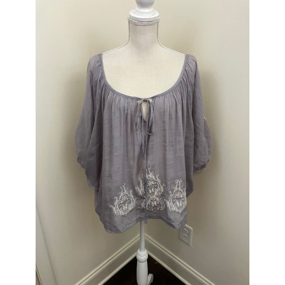 Gemstone Amethyst Sheer Batwing Top With Embroidery Size Large NWT